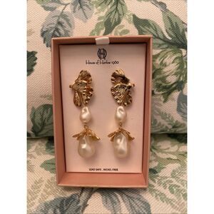 House Of Harlow 1960 Gold Tone Leaf Faux Pearl Dangle Drop Earrings New W Box